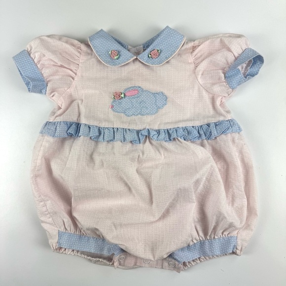 Vintage 90s Kids N’ Fun Sz 12M Easter Bunny Romper Blue Pink w/ Ruffles Collared - Picture 1 of 9